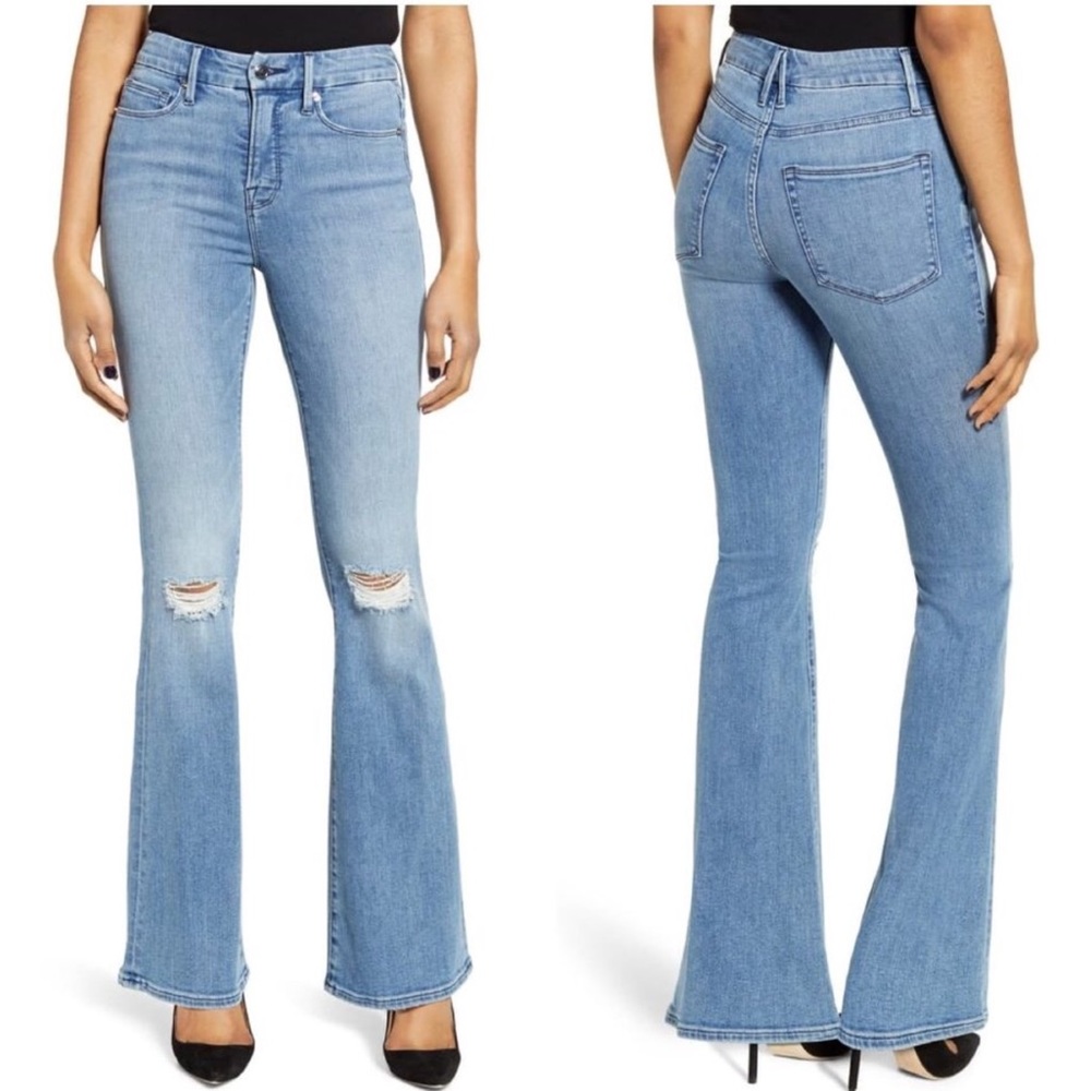 Good American Good Flare Blue 501 Ripped J…